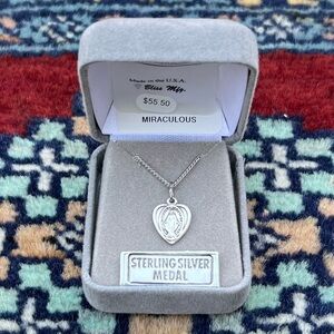 Miraculous Heart Shaped Religious Medal Sterling Silver Necklace Chain